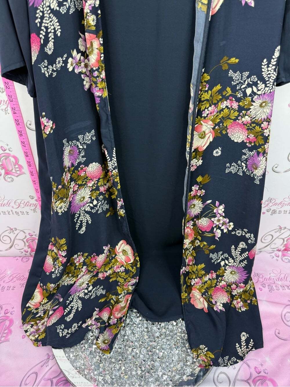 Japna Navy Floral Kimono Cardigan with Pink and Green Blooms - Picture 3 of 10